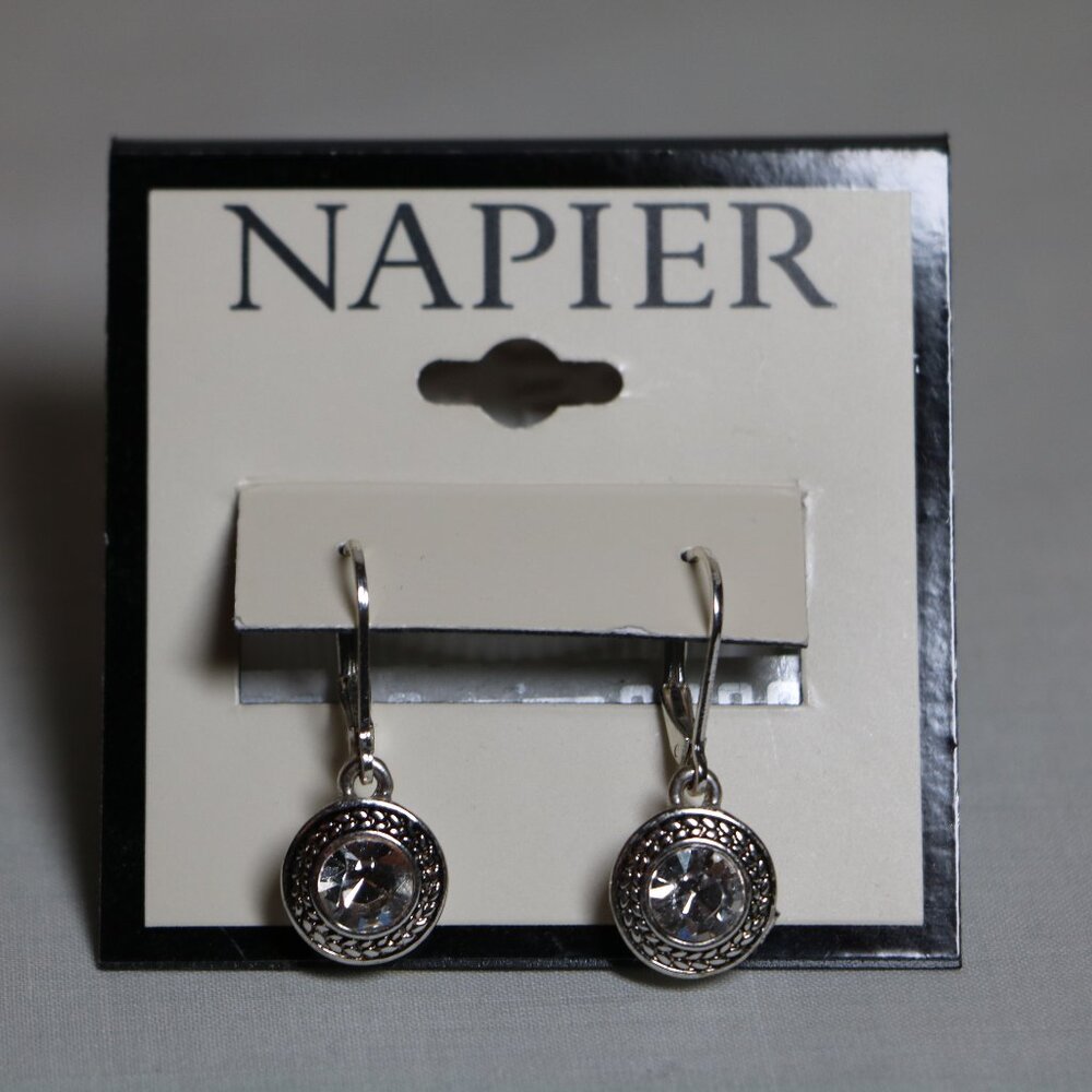 Napier Silver Dangle Earrings with Clear Sparkle Stone New On Card